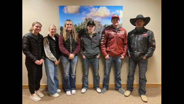 Nine Wall Rodeo contestants qualified for the South Dakota 20X Rodeo held at the Black Hills Stock Show in Rapid City, SD. Pictured from left to right: Emmy Moon, Lucy Moon, Laramie Nutter, Rylan Elshere, Brand Hilgencamp and Klansey Gewerth. (Contestants not pictured are Jace Blasius, Cayne Merrill, and Gatlin Cordes) Courtesy Photo