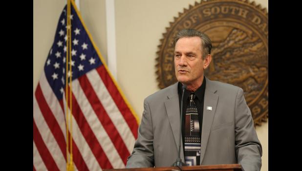 South Dakota Gov. Larry Rhoden speaks to reporters during a press conference on March 31, 2025, at the state Capitol in Pierre. Courtesy Joshua Haiar/South Dakota Searchlight